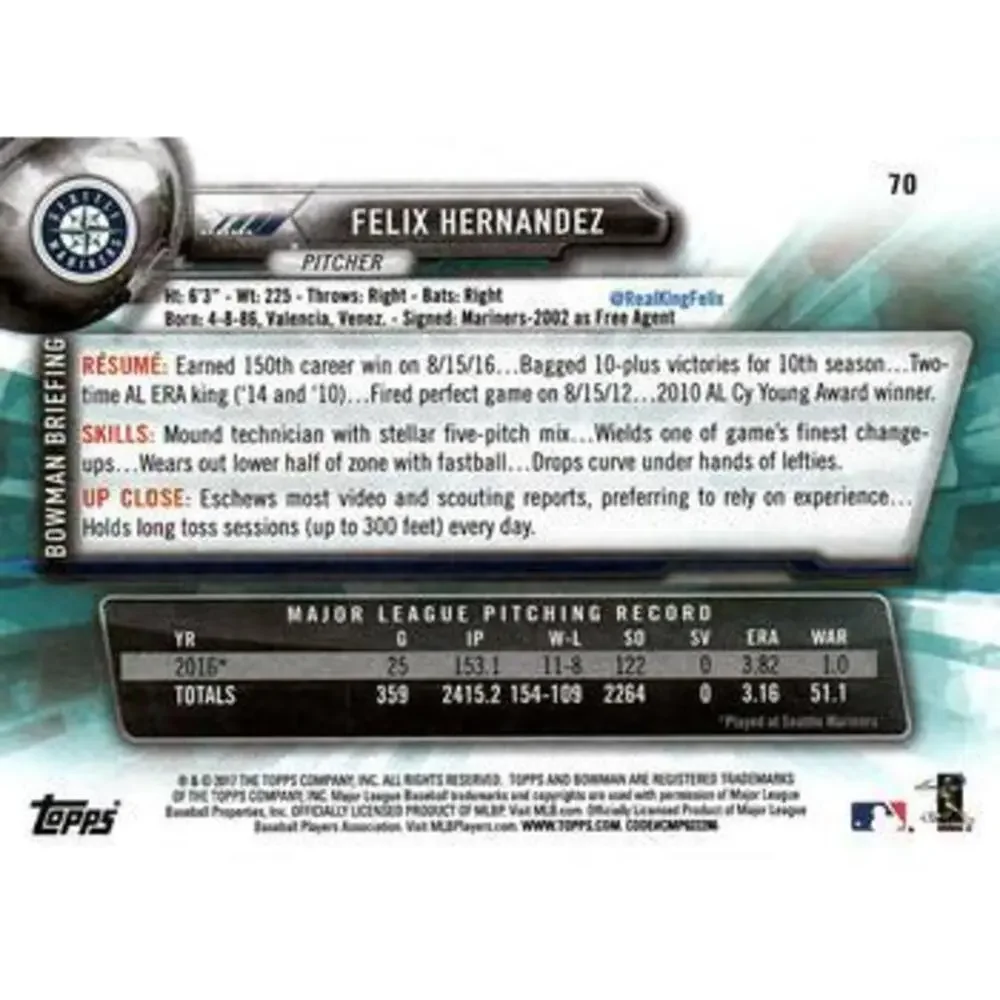 2017 Bowman Felix Hernandez # 70 Seattle Mariners